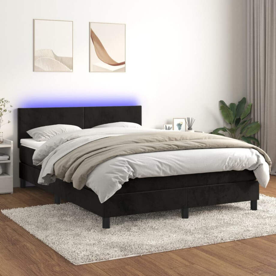 vidaXL Boxspring met matras en LED fluweel zwart 140x200 cm afbeelding 1