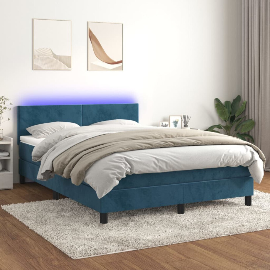 vidaXL Boxspring met matras en LED fluweel donkerblauw 140x200 cm vidaXL Boxspring met matras en LED fluweel donkerblauw 140x200 cm afbeelding 1