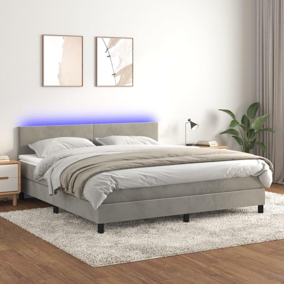vidaXL Boxspring met matras en LED fluweel lichtgrijs 180x200 cm afbeelding 1