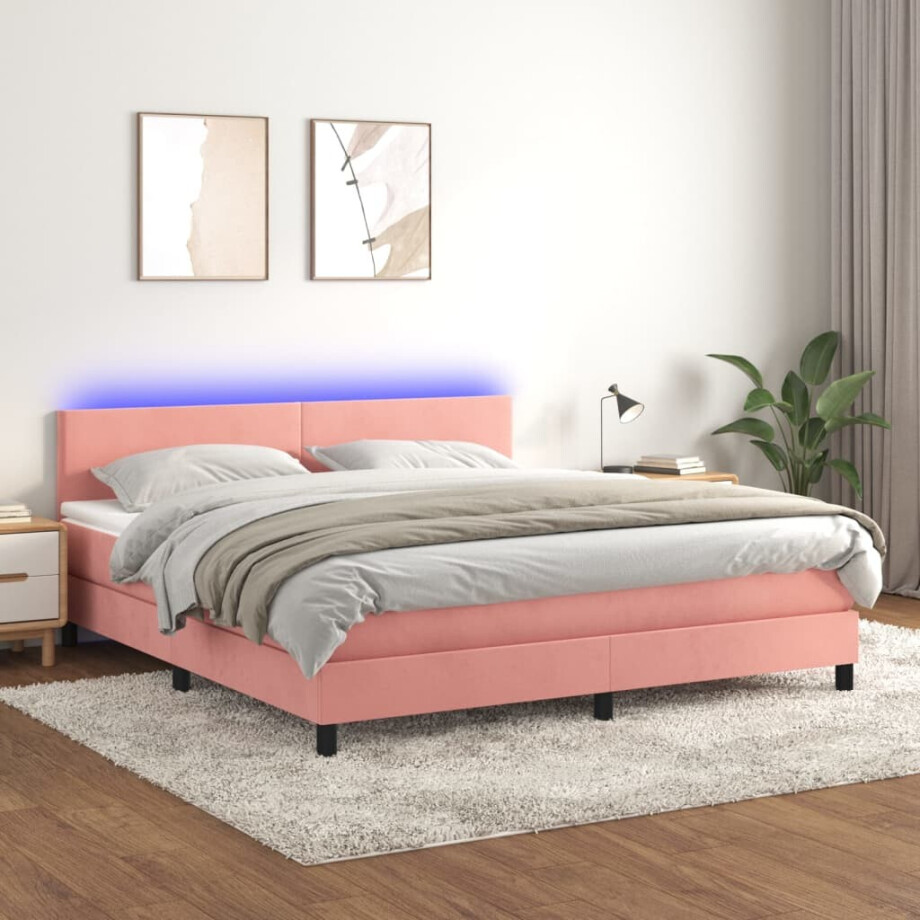 vidaXL Boxspring met matras en LED fluweel roze 180x200 cm vidaXL Boxspring met matras en LED fluweel roze 180x200 cm afbeelding 1