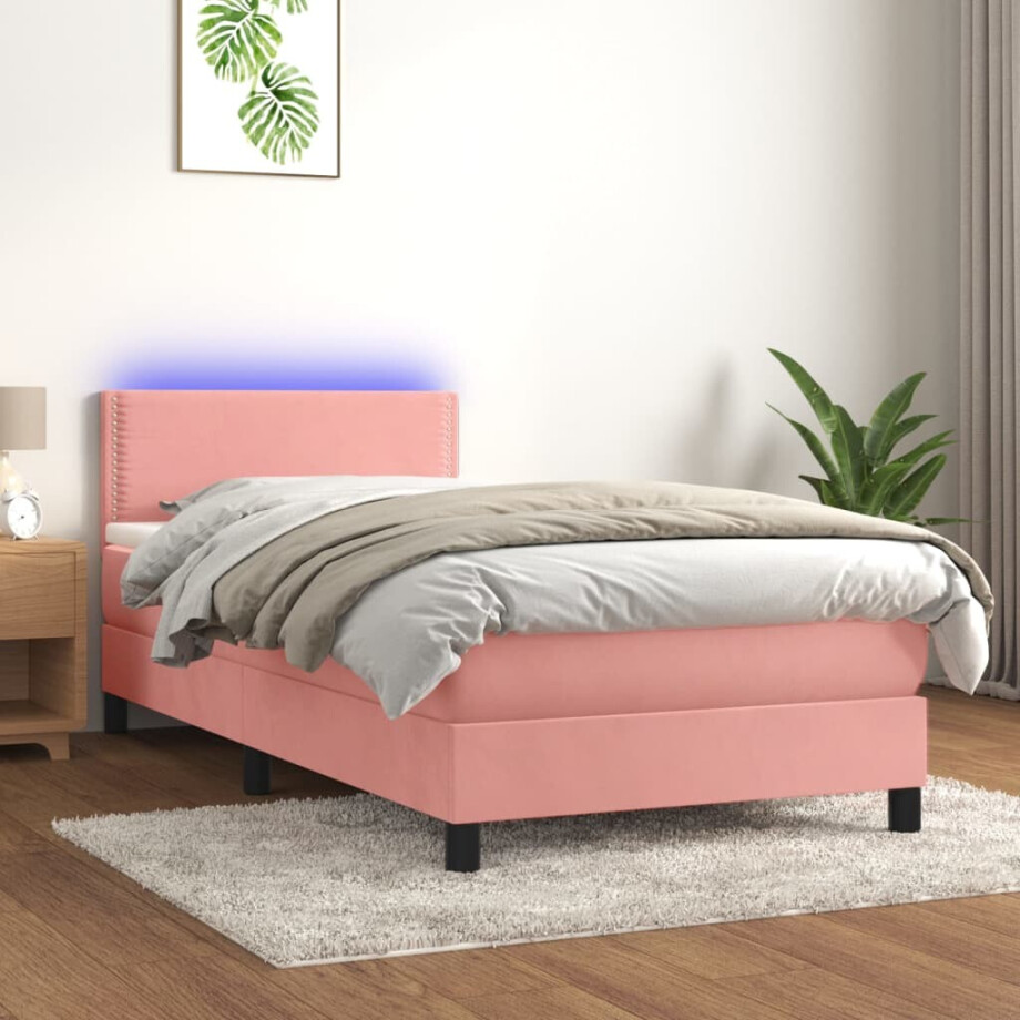 vidaXL Boxspring met matras en LED fluweel roze 100x200 cm vidaXL Boxspring met matras en LED fluweel roze 100x200 cm afbeelding 1