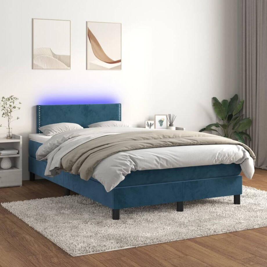 vidaXL Boxspring met matras en LED fluweel donkerblauw 120x200 cm afbeelding 1