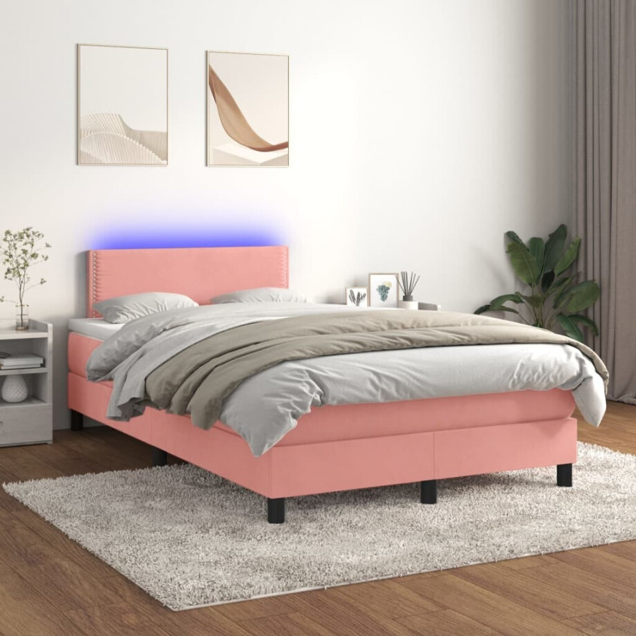 vidaXL Boxspring met matras en LED fluweel roze 120x200 cm vidaXL Boxspring met matras en LED fluweel roze 120x200 cm afbeelding 1