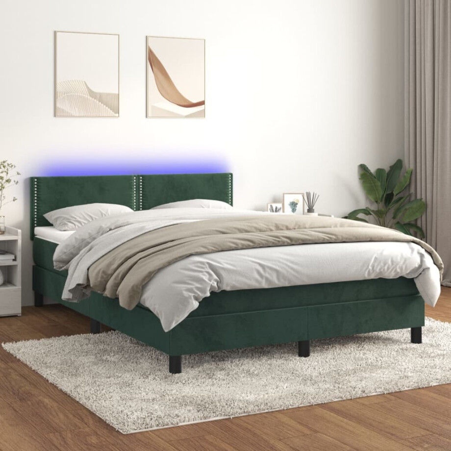 vidaXL Boxspring met matras en LED fluweel donkergroen 140x200 cm vidaXL Boxspring met matras en LED fluweel donkergroen 140x200 cm afbeelding 1
