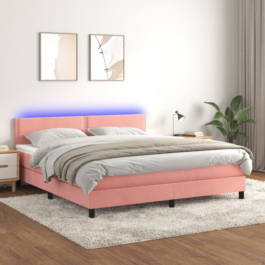vidaXL Boxspring met matras en LED fluweel roze 160x200 cm vidaXL Boxspring met matras en LED fluweel roze 160x200 cm afbeelding 1