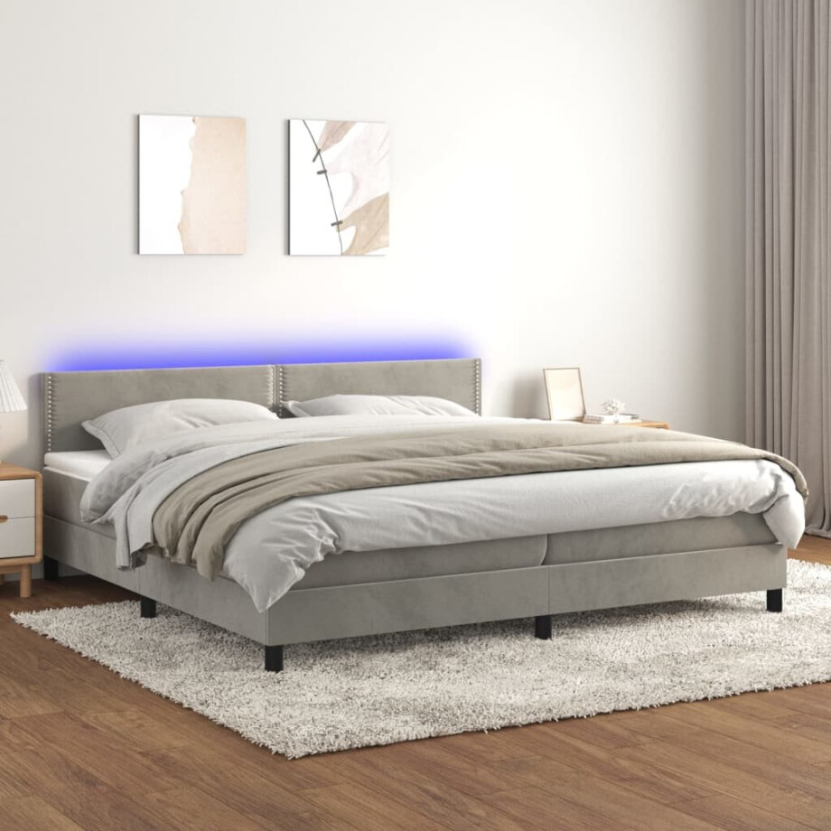 vidaXL Boxspring met matras en LED fluweel lichtgrijs 200x200 cm vidaXL Boxspring met matras en LED fluweel lichtgrijs 200x200 cm afbeelding 1