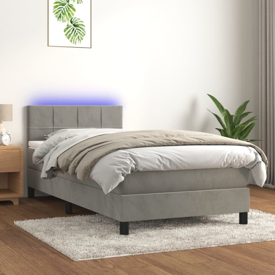 vidaXL Boxspring met matras en LED fluweel lichtgrijs 90x190 cm vidaXL Boxspring met matras en LED fluweel lichtgrijs 90x190 cm afbeelding 1