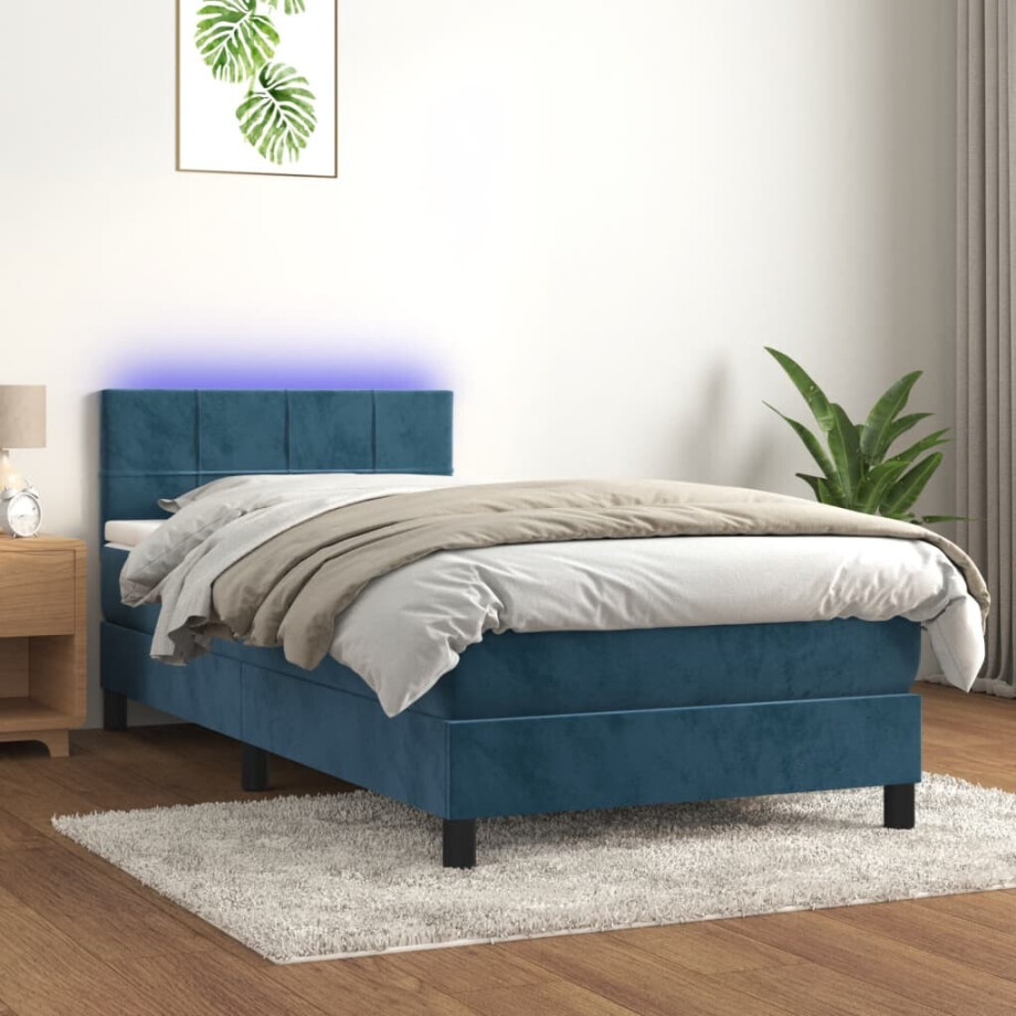 vidaXL Boxspring met matras en LED fluweel donkerblauw 100x200 cm vidaXL Boxspring met matras en LED fluweel donkerblauw 100x200 cm afbeelding 1