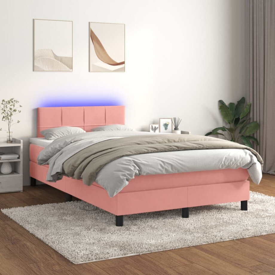 vidaXL Boxspring met matras en LED fluweel roze 120x200 cm vidaXL Boxspring met matras en LED fluweel roze 120x200 cm afbeelding 1