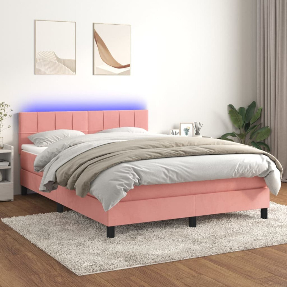 vidaXL Boxspring met matras en LED fluweel roze 140x200 cm vidaXL Boxspring met matras en LED fluweel roze 140x200 cm afbeelding 1