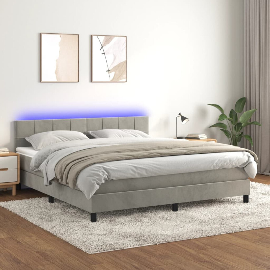 vidaXL Boxspring met matras en LED fluweel lichtgrijs 160x200 cm vidaXL Boxspring met matras en LED fluweel lichtgrijs 160x200 cm afbeelding 1