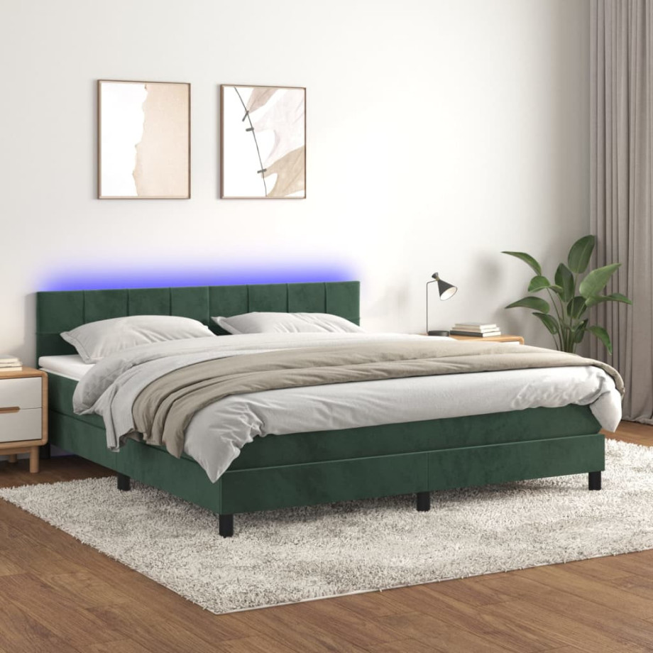 vidaXL Boxspring met matras en LED fluweel donkergroen 160x200 cm afbeelding 1