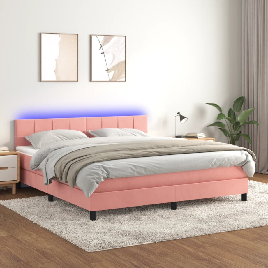 vidaXL Boxspring met matras en LED fluweel roze 180x200 cm vidaXL Boxspring met matras en LED fluweel roze 180x200 cm afbeelding 1