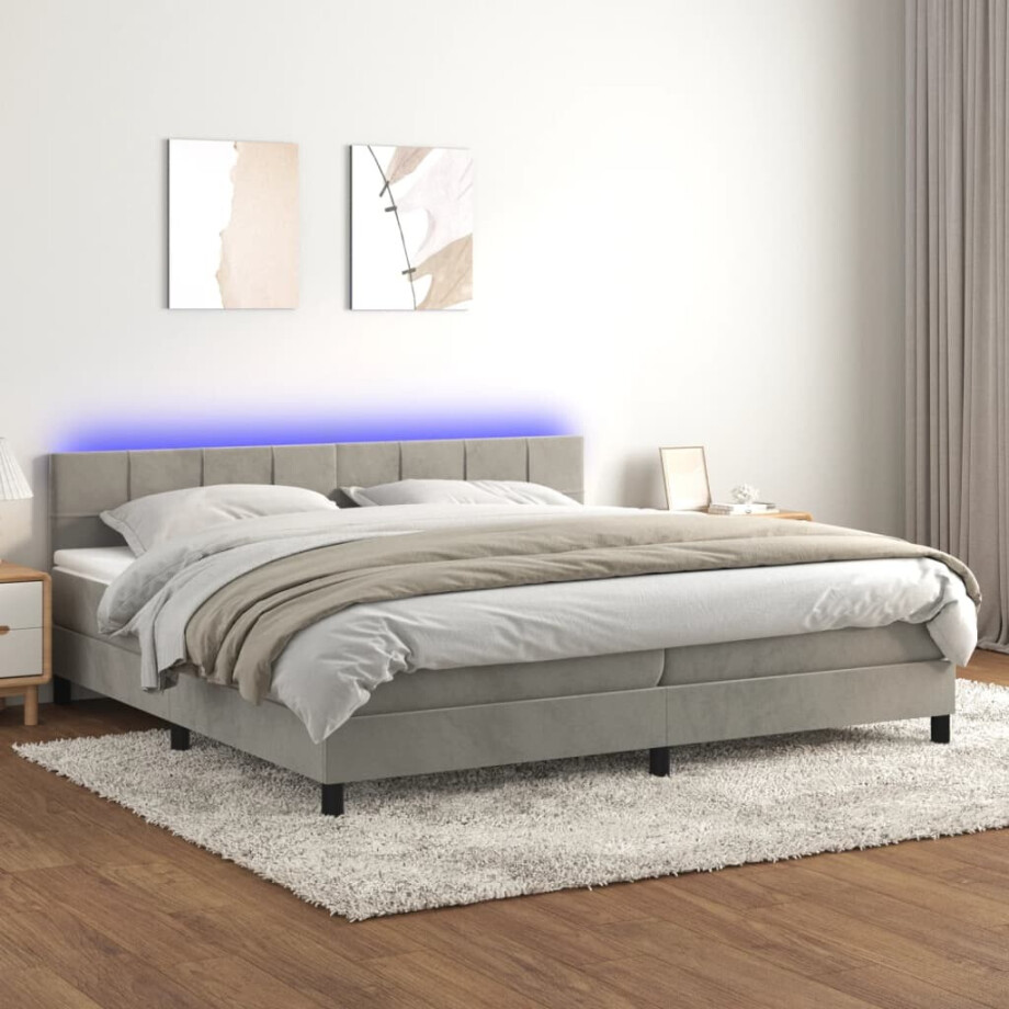 vidaXL Boxspring met matras en LED fluweel lichtgrijs 200x200 cm afbeelding 1
