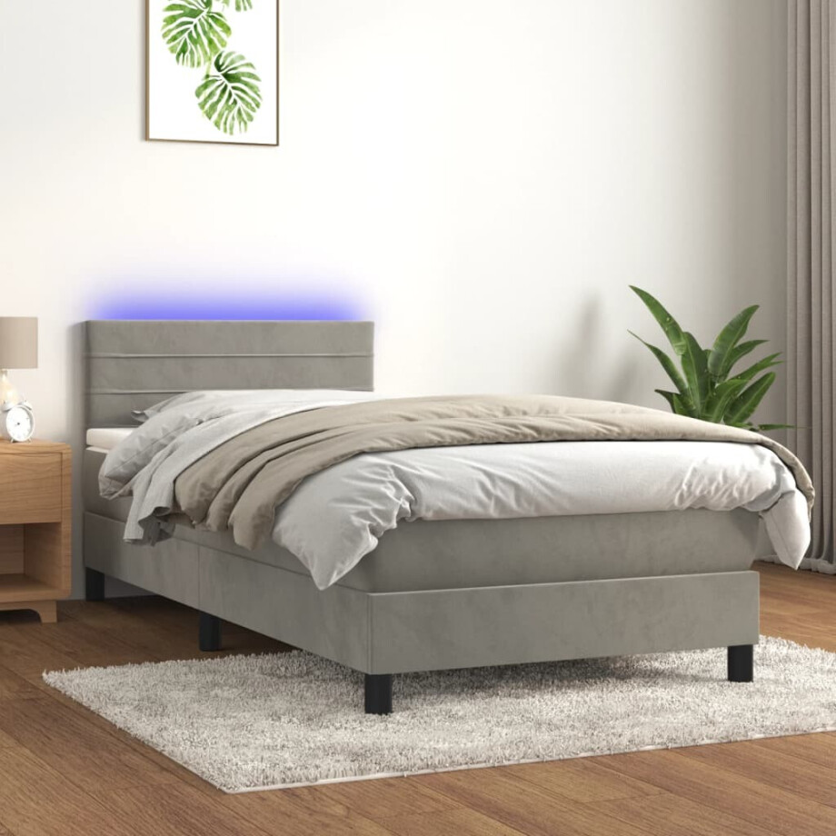 vidaXL Boxspring met matras en LED fluweel lichtgrijs 90x190 cm vidaXL Boxspring met matras en LED fluweel lichtgrijs 90x190 cm afbeelding 1
