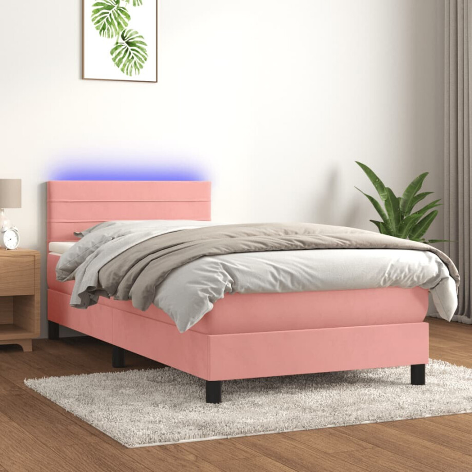 vidaXL Boxspring met matras en LED fluweel roze 90x200 cm vidaXL Boxspring met matras en LED fluweel roze 90x200 cm afbeelding 1
