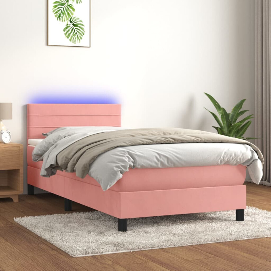 vidaXL Boxspring met matras en LED fluweel roze 100x200 cm vidaXL Boxspring met matras en LED fluweel roze 100x200 cm afbeelding 1