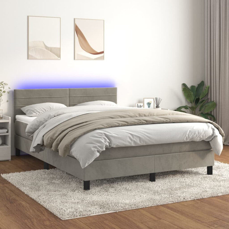 vidaXL Boxspring met matras en LED fluweel lichtgrijs 140x190 cm vidaXL Boxspring met matras en LED fluweel lichtgrijs 140x190 cm afbeelding 1