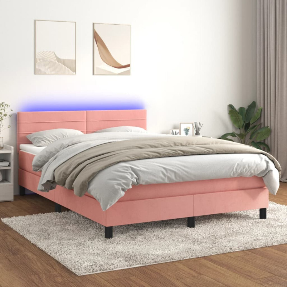 vidaXL Boxspring met matras en LED fluweel roze 140x190 cm vidaXL Boxspring met matras en LED fluweel roze 140x190 cm afbeelding 1