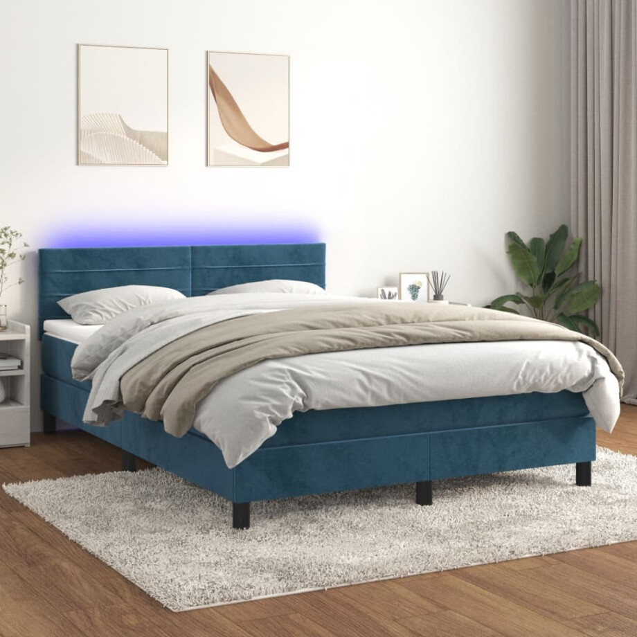vidaXL Boxspring met matras en LED fluweel donkerblauw 140x200 cm afbeelding 1