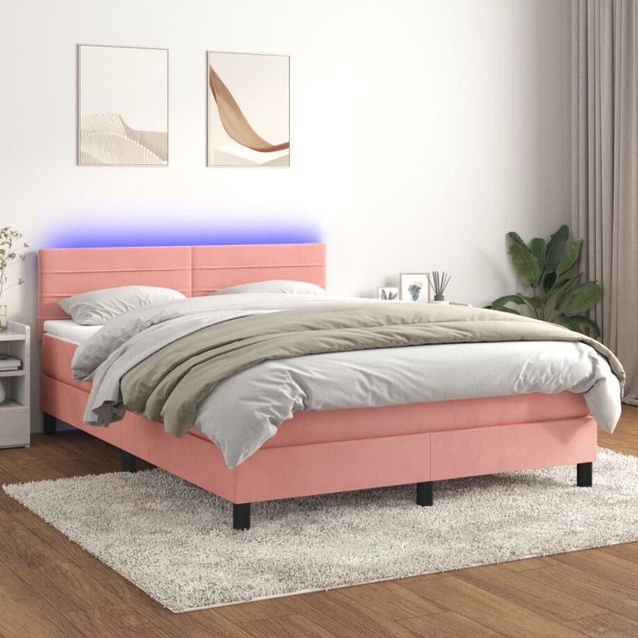 vidaXL Boxspring met matras en LED fluweel roze 140x200 cm vidaXL Boxspring met matras en LED fluweel roze 140x200 cm afbeelding 1