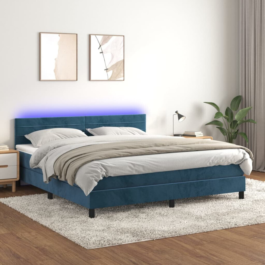 vidaXL Boxspring met matras en LED fluweel donkerblauw 160x200 cm afbeelding 1