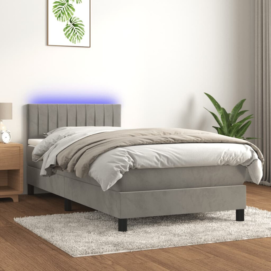 vidaXL Boxspring met matras en LED fluweel lichtgrijs 80x200 cm afbeelding 1