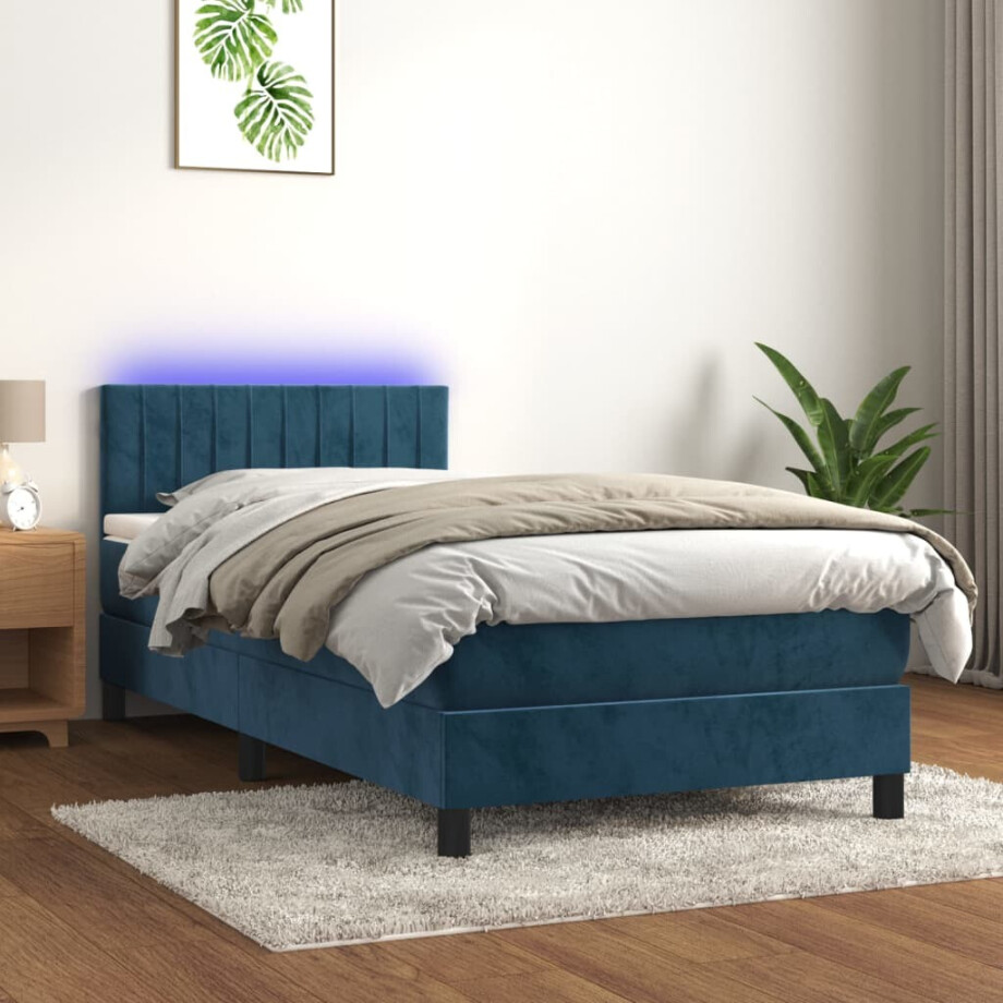 vidaXL Boxspring met matras en LED fluweel donkerblauw 90x200 cm vidaXL Boxspring met matras en LED fluweel donkerblauw 90x200 cm afbeelding 1
