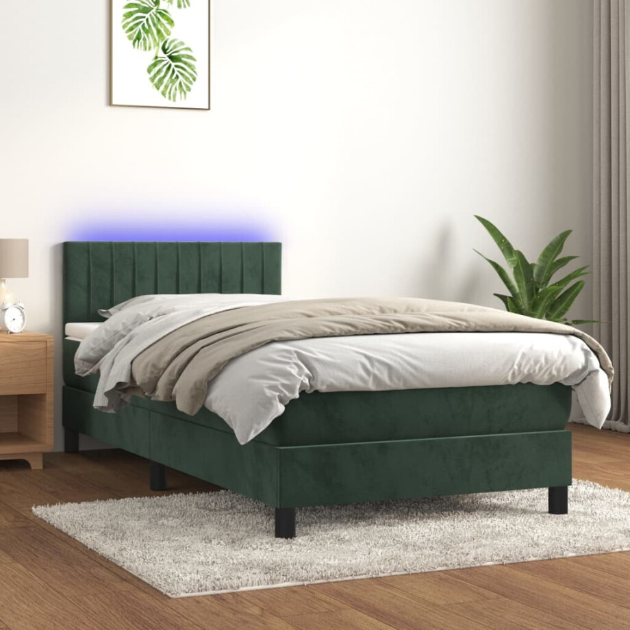 vidaXL Boxspring met matras en LED fluweel donkergroen 100x200 cm vidaXL Boxspring met matras en LED fluweel donkergroen 100x200 cm afbeelding 1