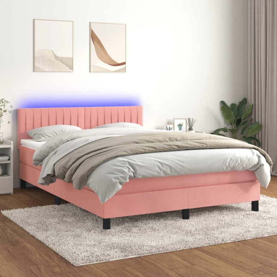 vidaXL Boxspring met matras en LED fluweel roze 140x190 cm vidaXL Boxspring met matras en LED fluweel roze 140x190 cm afbeelding 1