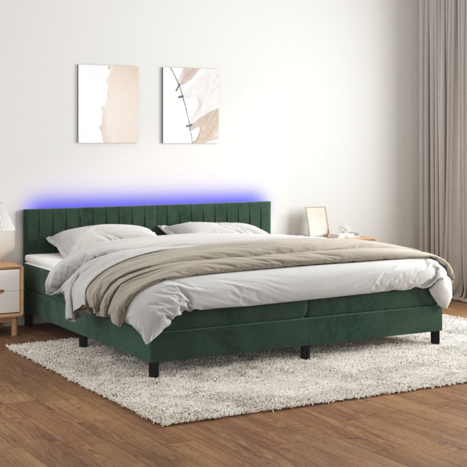vidaXL Boxspring met matras en LED fluweel donkergroen 200x200 cm afbeelding 1