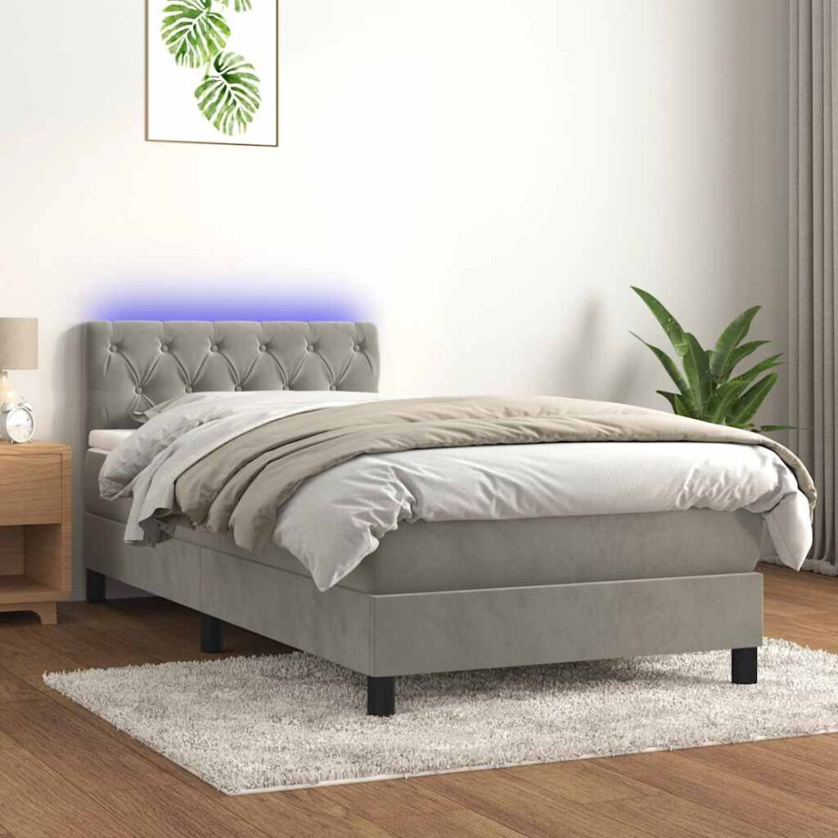 vidaXL Boxspring met matras en LED fluweel lichtgrijs 80x200 cm afbeelding 1