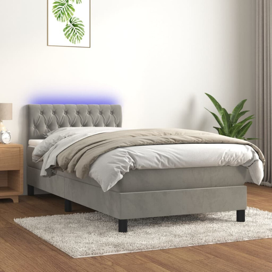 vidaXL Boxspring met matras en LED fluweel lichtgrijs 90x190 cm vidaXL Boxspring met matras en LED fluweel lichtgrijs 90x190 cm afbeelding 1