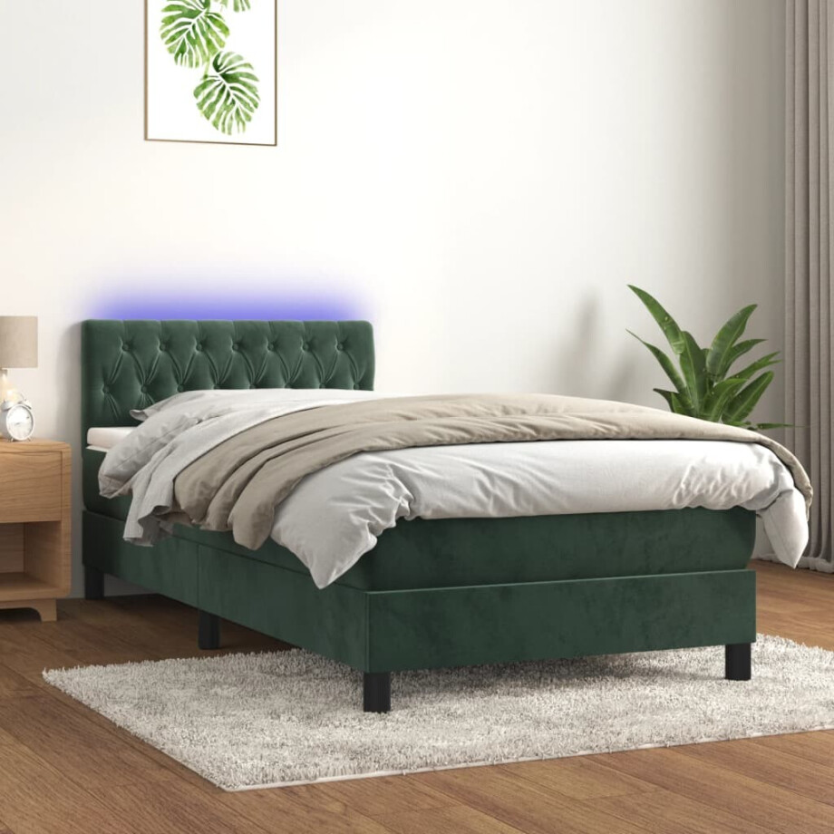 vidaXL Boxspring met matras en LED fluweel donkergroen 90x190 cm vidaXL Boxspring met matras en LED fluweel donkergroen 90x190 cm afbeelding 1