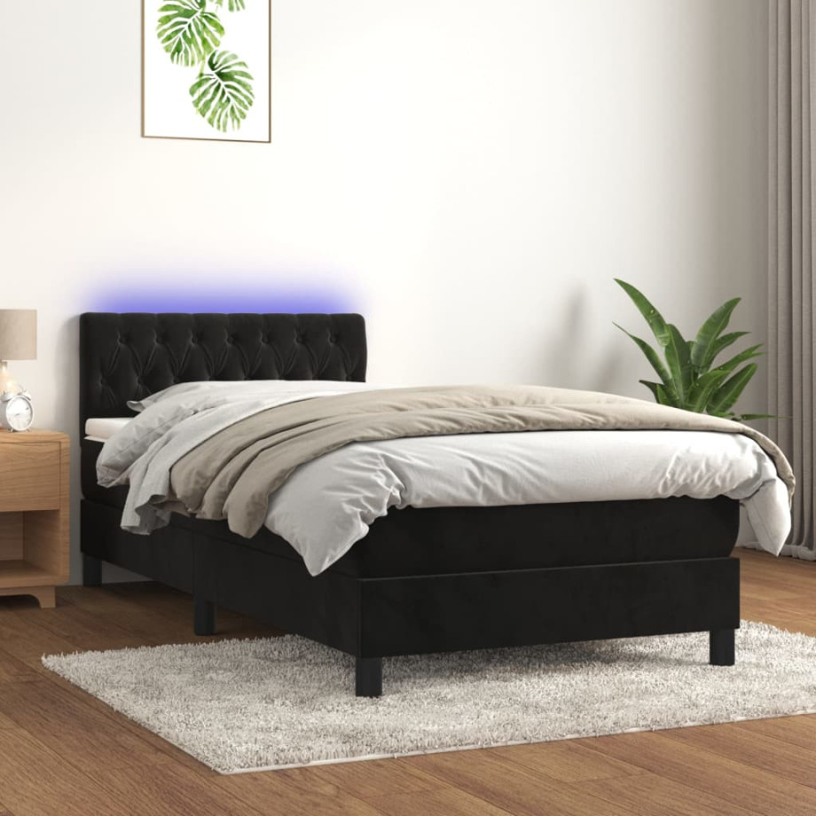 vidaXL Boxspring met matras en LED fluweel zwart 90x200 cm afbeelding 1