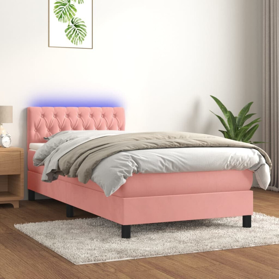 vidaXL Boxspring met matras en LED fluweel roze 100x200 cm vidaXL Boxspring met matras en LED fluweel roze 100x200 cm afbeelding 1
