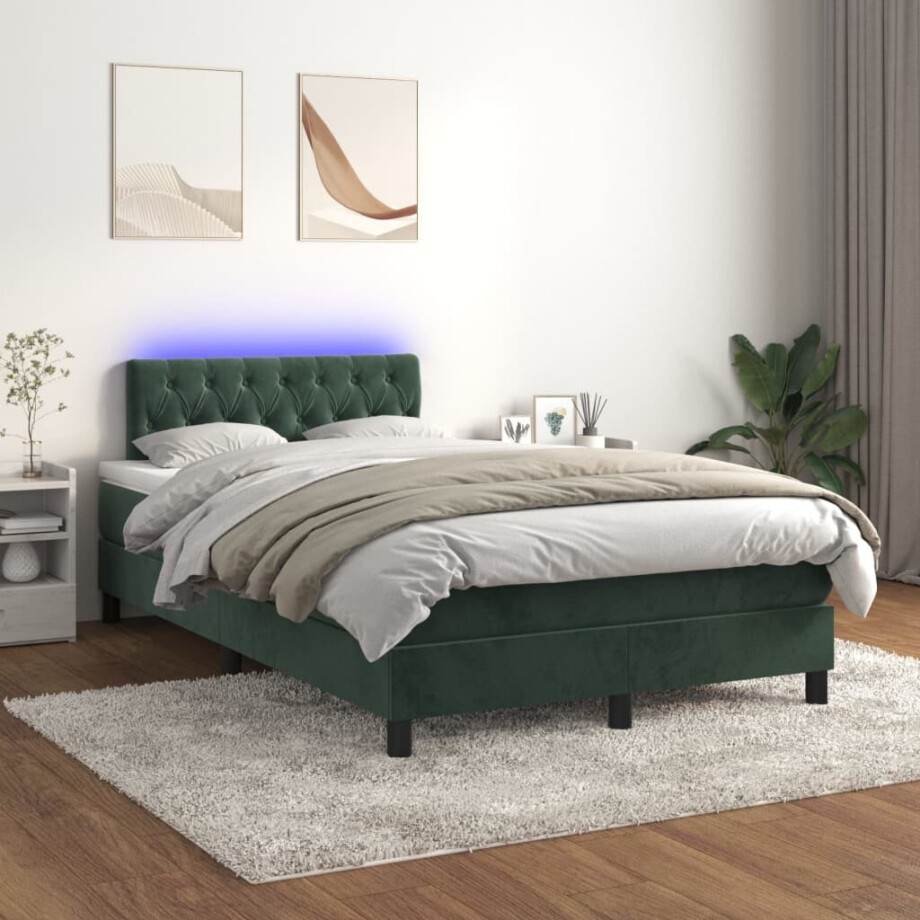 vidaXL Boxspring met matras en LED fluweel donkergroen 120x200 cm vidaXL Boxspring met matras en LED fluweel donkergroen 120x200 cm afbeelding 1