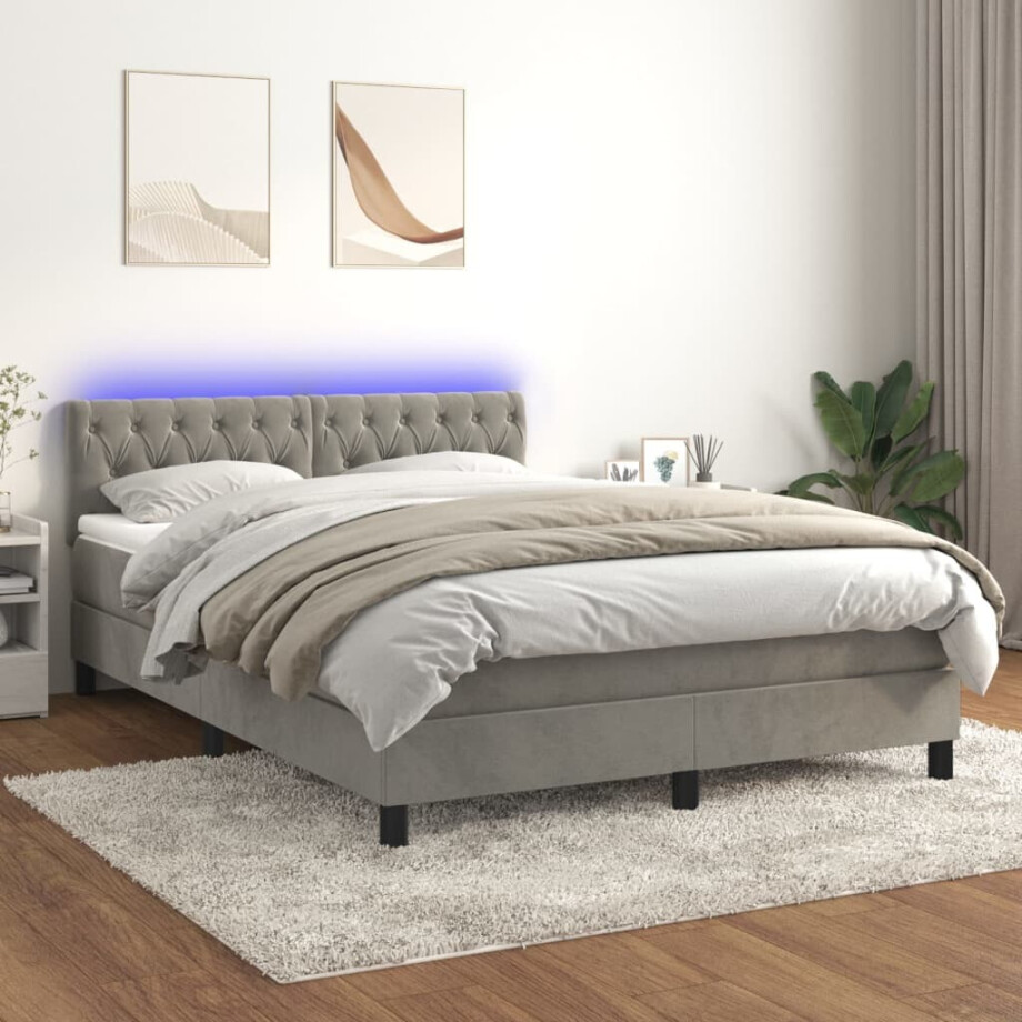 vidaXL Boxspring met matras en LED fluweel lichtgrijs 140x190 cm afbeelding 1