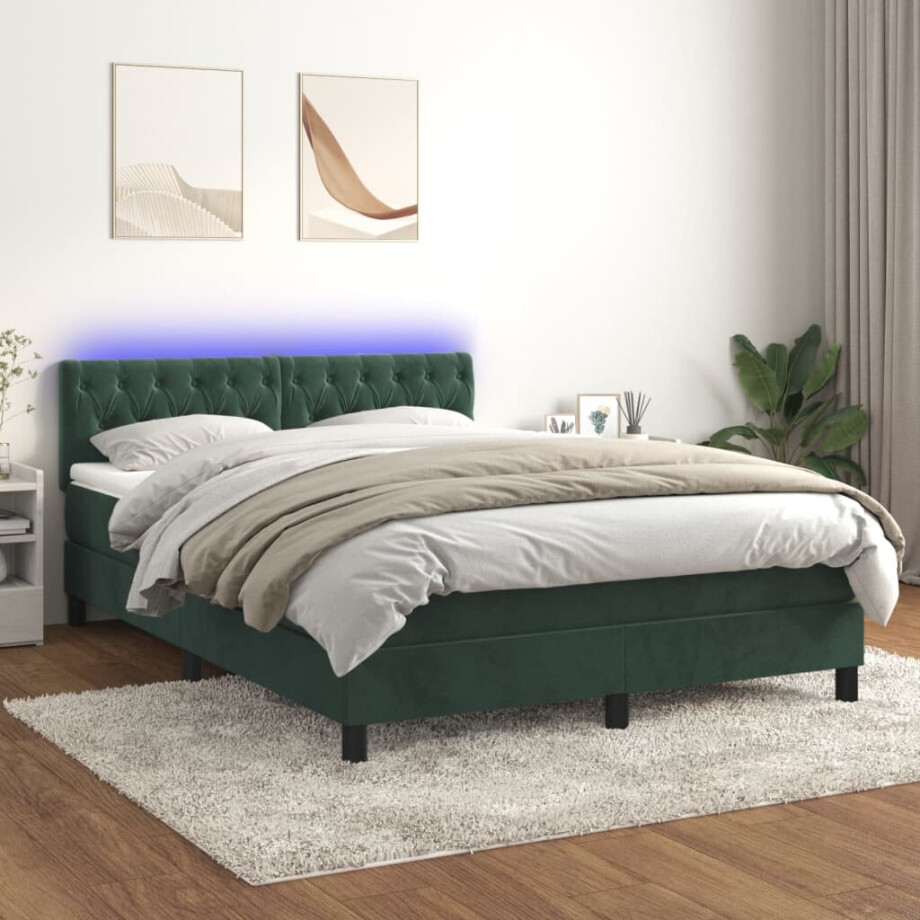 vidaXL Boxspring met matras en LED fluweel donkergroen 140x190 cm vidaXL Boxspring met matras en LED fluweel donkergroen 140x190 cm afbeelding 1