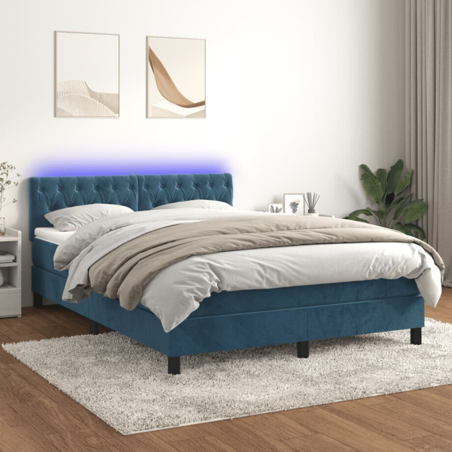 vidaXL Boxspring met matras en LED fluweel donkerblauw 140x200 cm vidaXL Boxspring met matras en LED fluweel donkerblauw 140x200 cm afbeelding 1