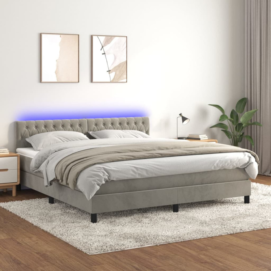 vidaXL Boxspring met matras en LED fluweel lichtgrijs 160x200 cm afbeelding 1