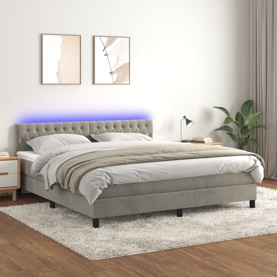 vidaXL Boxspring met matras en LED fluweel lichtgrijs 160x200 cm vidaXL Boxspring met matras en LED fluweel lichtgrijs 160x200 cm afbeelding 1
