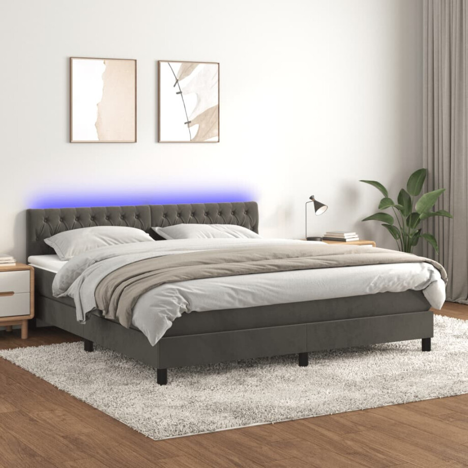 vidaXL Boxspring met matras en LED fluweel donkergrijs 160x200 cm vidaXL Boxspring met matras en LED fluweel donkergrijs 160x200 cm afbeelding 1