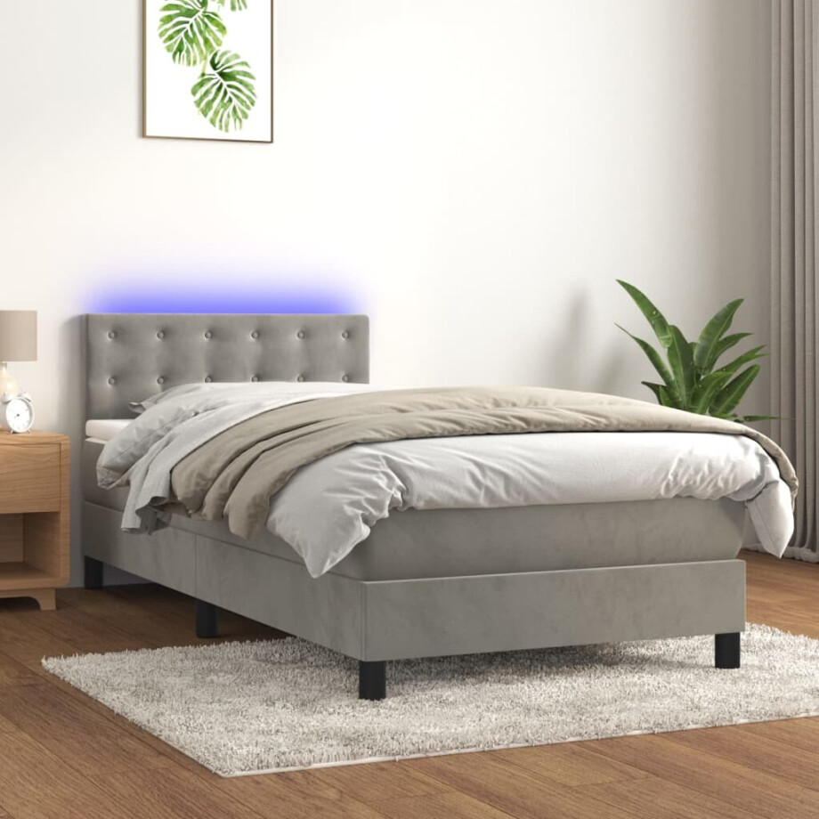 vidaXL Boxspring met matras en LED fluweel lichtgrijs 90x190 cm afbeelding 1