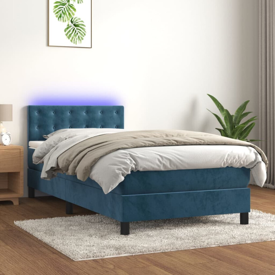 vidaXL Boxspring met matras en LED fluweel donkerblauw 100x200 cm afbeelding 1