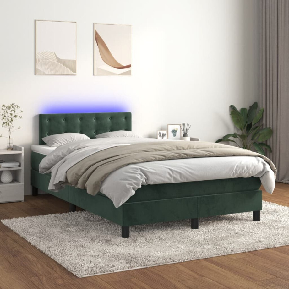 vidaXL Boxspring met matras en LED fluweel donkergroen 120x200 cm afbeelding 1