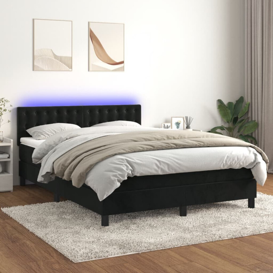 vidaXL Boxspring met matras en LED fluweel zwart 140x190 cm afbeelding 1