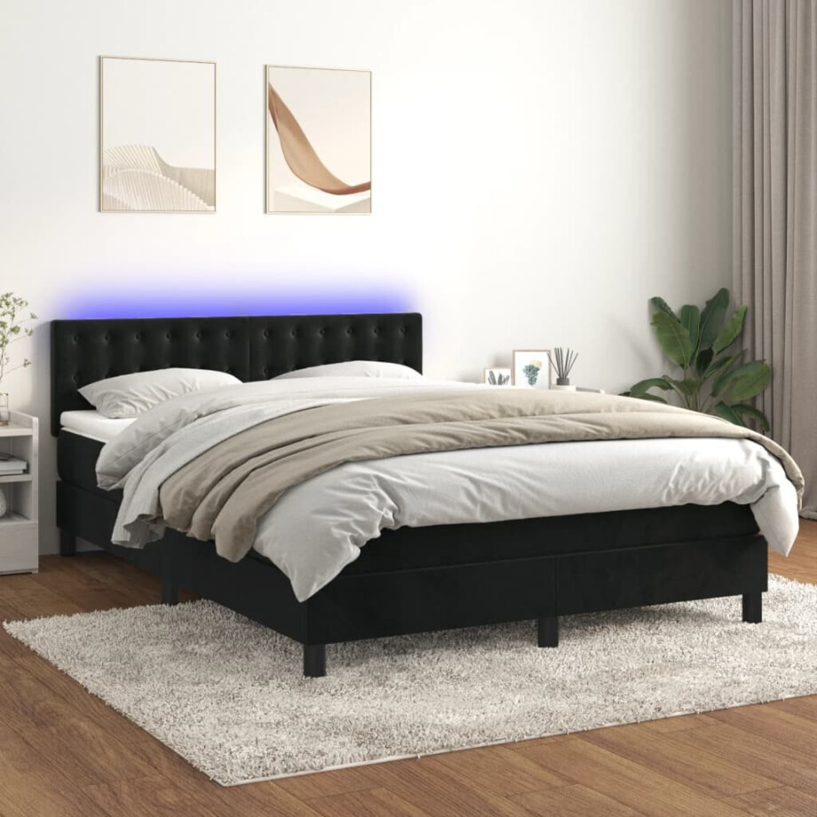 vidaXL Boxspring met matras en LED fluweel zwart 140x200 cm afbeelding 1