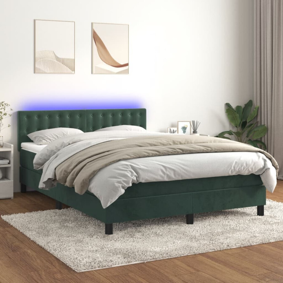 vidaXL Boxspring met matras en LED fluweel donkergroen 140x200 cm vidaXL Boxspring met matras en LED fluweel donkergroen 140x200 cm afbeelding 1