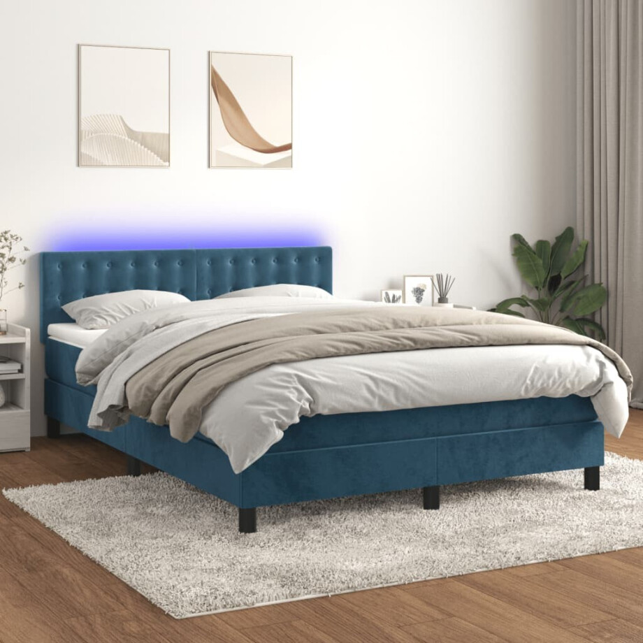 vidaXL Boxspring met matras en LED fluweel donkerblauw 140x200 cm afbeelding 1